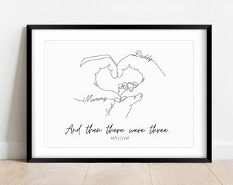 Personalised New Baby Print, New Mum Birthday, Gift for Family, Minimalist Line Art Print, Baby Shower, Family Names and Date of Birth