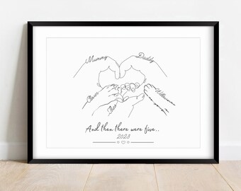 Personalised Family Hands Dog & Cat Paw, Gift for New Baby, New Mummy Daddy Gift, Minimalist Line Art, Mother Birthday Gift, Pet Family Gift