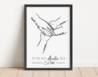 Personalised Auntie Hands Print, 1 to 4 Child Hands, Minimalist Line Art, Gift for Aunt from Nephew, Niece, Aunty Birthday Gift, Mothers Day