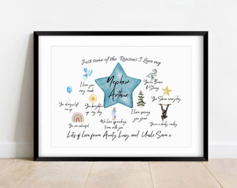 Personalised Nephew Birthday Gift, Reasons I Love You Print from Auntie or Uncle