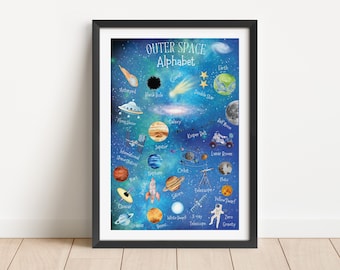 Alfabetprint uit de ruimte: aquarel planeten, raketten, sterren