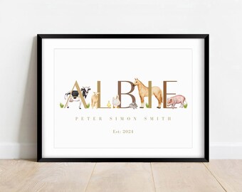 Personalised Farm Animal Nursery Print: Rustic Watercolor Name Bedroom Gift