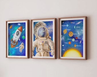 Personalised Space Theme Bedroom Print Set, Astronaut & Solar System Nursery Art