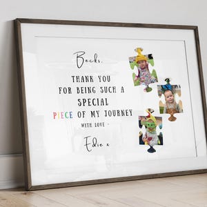 Personalised nursery teacher gift from child, puzzle piece photo print with child name photos and thank you message in frame