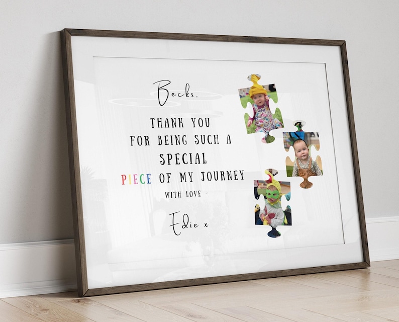 Personalised nursery teacher gift from child, puzzle piece photo print with child name photos and thank you message in frame