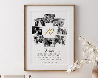 May include: A framed print with a wooden frame. The print features a collage of black and white photos, the number "70" in gold, and text that reads "Barbara" and a birthday message. The print is displayed on a wooden surface.