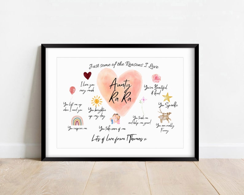 K&ouml;nnte beinhalten: Ein druckbarer Kunstdruck mit einem rosa Herzen und dem Text "Just some of the reasons I love Aunty Ra Ra", umgeben von Illustrationen und Text. Der Text beinhaltet "You brighten up my day", "You inspire me", "You take care of me", "You teach me and help me grow", "You are really funny", "You sparkle", "You're beautiful and kind" und "I love you very much". Der Druck enth&auml;lt auch den Text "Lots of love from Thomas x".