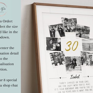 May include: A framed print with a collage of black and white photos, the number "30" in gold, and the name "Isobel". The print includes text about a birthday and how to order.