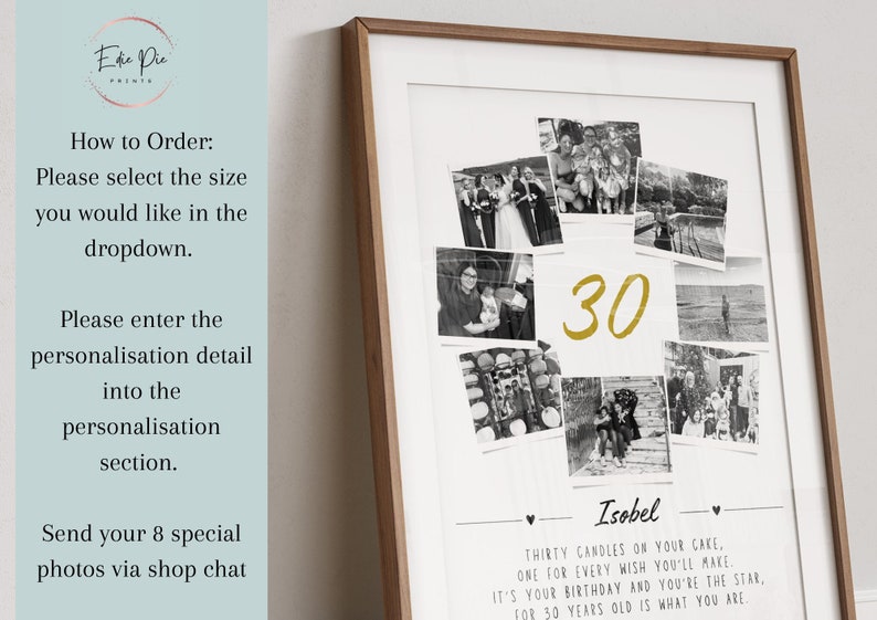 May include: A framed print with a collage of black and white photos, the number "30" in gold, and the name "Isobel". The print includes text about a birthday and how to order.