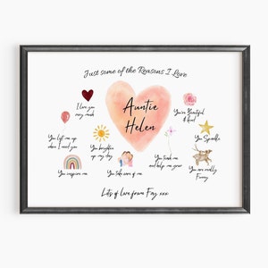 Beautiful personalised auntie keepsake print with a pink heart in the centre, surrounded by sweet messages, colourful doodles and meaningful illustrations.