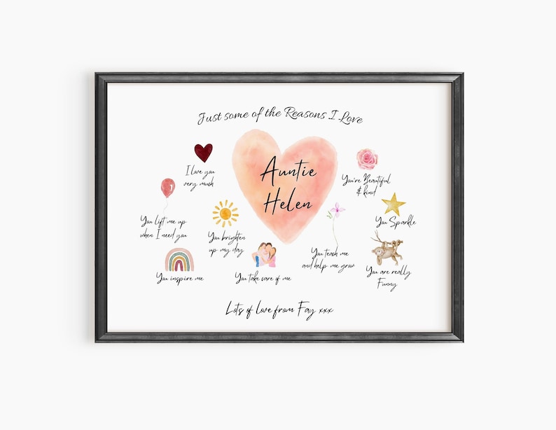 Beautiful personalised auntie keepsake print with a pink heart in the centre, surrounded by sweet messages, colourful doodles and meaningful illustrations.