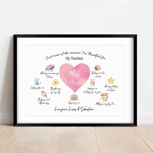 May include: A framed print titled Just some of the reasons I'm Thankful for My Teacher, featuring a central pink watercolour heart with the name Miss Hunt. Surrounding the heart are small illustrations of a book, sun, rainbow, star, and monkey with text captions, ending with Love from Lucas & Sebastian.