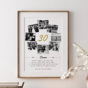 May include: A framed print with a collage of black and white photos, the number "30" in gold, and text that reads "Simon" and a birthday message. The frame is a light brown color.