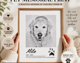 May include: A personalized pet memorial print in a wooden frame. The black and white image features a dog's portrait, name, and paw prints. Text includes "You were my favorite hello and my hardest goodbye."