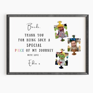Personalised end of nursery gift for teacher, puzzle piece photo print with child photos nursery name and thank you message