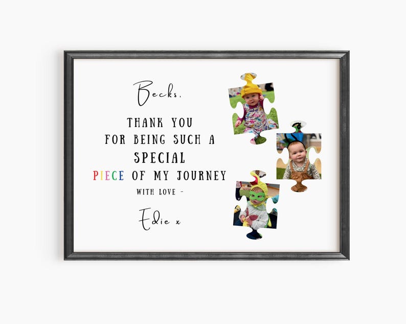 Personalised end of nursery gift for teacher, puzzle piece photo print with child photos nursery name and thank you message