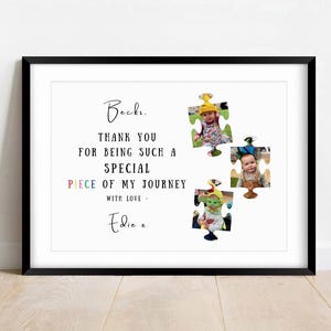 Personalised nursery leaving gift, puzzle piece photo print with thank you message nursery name and child photos keepsake