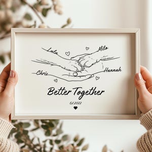 Puede incluir: Un marco rectangular de madera clara que contiene una impresión blanca con un dibujo de líneas negras de dos manos humanas sosteniendo dos patas de animales. Los nombres Lulu, Milo, Chris y Hannah están escritos en cursiva, junto al texto Better Together y Est 2022.