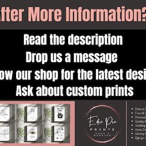 May include: A collage of framed prints with various designs, including "Our First Home", "Family", and "Home is Where the Heart Is". The prints are displayed on a white wall with green foliage. The text "Edie Pie Prints Home & Wedding" is visible in a pink circle with a white outline. A list of services is provided, including print on demand, free UK delivery, personalized orders, quality assured, wedding decor, home decor, nursery decor, and gifts for all.