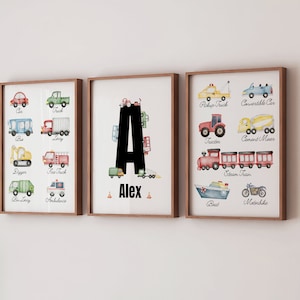Conjunto de impresión de habitación para niños de coches y vehículos personalizados, arte de la guardería, decoración del dormitorio de los niños, habitación del niño, arte de la pared del tema del coche, impresiones de vehículos