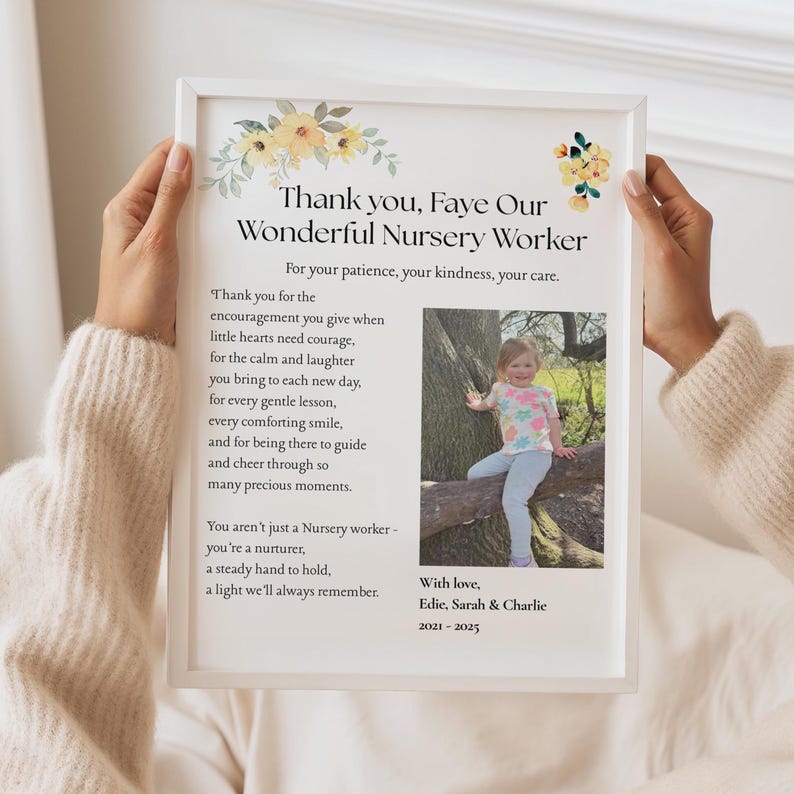 May include: A framed print with the text "Thank you, Faye Our Wonderful Nursery Worker." The print includes a photo of a child and floral accents. The text expresses gratitude for patience, kindness, and care.