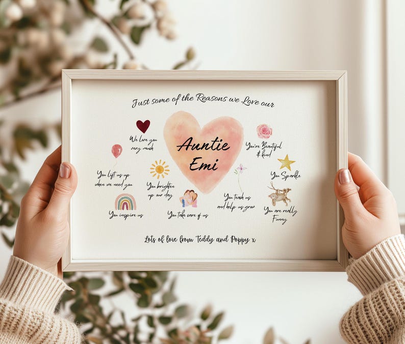 Personalised Auntie Emi gift print featuring a large pink watercolour heart, handwritten lettering and delicate illustrations celebrating a special auntie.