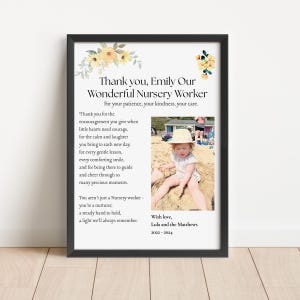 May include: A framed print with the text "Thank you, Emily Our Wonderful Nursery Worker" and a photo of a child. The print includes a floral design and a message of appreciation for a nursery worker.