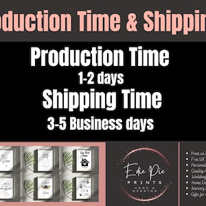 May include: Image with text: Production Time & Shipping. Production time is 1-2 days, shipping time is 3-5 business days. Below are framed prints with text. The Edie Pie Prints logo is in the bottom right corner.