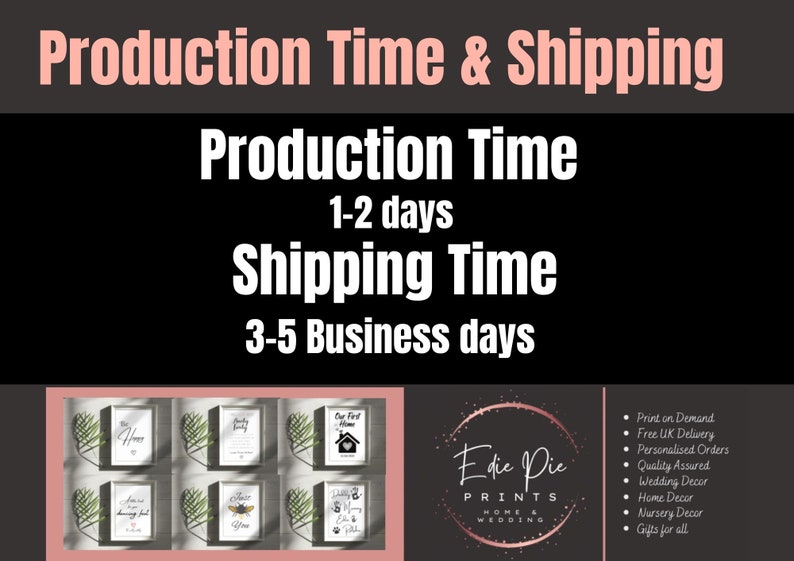May include: Image with text: Production Time & Shipping. Production time is 1-2 days, shipping time is 3-5 business days. Below are framed prints with text. The Edie Pie Prints logo is in the bottom right corner.
