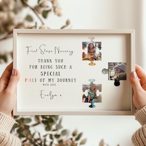 Personalised thank you gift for nursery teacher, puzzle piece photo print with nursery name child photos and thank you message in natural frame