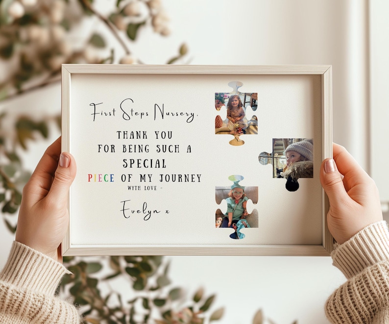 Personalised thank you gift for nursery teacher, puzzle piece photo print with nursery name child photos and thank you message in natural frame
