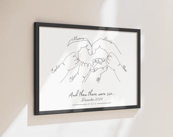 Personalised Family of 6 Hands Print, Custom Names Line Art, Meaningful Family Gift