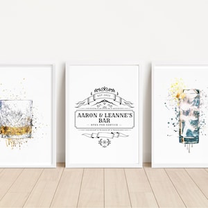 パーソナライズされたバー 3 ピース抽象プリント、3 ピース バー カート アルコール ウォール アート、ウイスキー、G&T 水彩ロビー ギャラリー ウォール セット