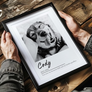 Può includere: Una stampa con cornice nera che mostra una fotografia in bianco e nero di un cane con la lingua di fuori. Sotto l'immagine, il testo recita: Cody, 2015-2025, You were my favourite hello and my hardest goodbye. La stampa è su sfondo bianco.