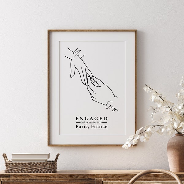 Custom Engagement Print, Celebration Gift for Her Him, Personalised Anniversary, Birthday Present for New Fiance Wall Art, Line Art Decor