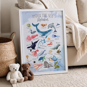 Póster del alfabeto del océano, póster para dormitorio infantil, impresión para guardería con temática de vida marina bajo el mar, decoración de espacios de juego, decoración de animales marinos, animales del océano