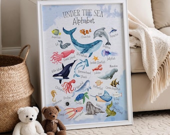 Ozean Alphabet Poster: Aquarell Meerestiere Kinderzimmer Kunstdruck