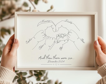 Personalised Family of 6 Hands Print, Custom Names Line Art, Meaningful Family Gift