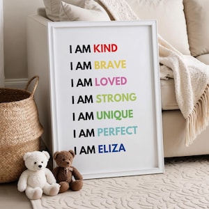 Impresión de regalo de arcoíris personalizada, arte de pared de arcoíris personalizado con afirmaciones positivas, decoración para habitación de niñas, regalo de dormitorio para cumpleaños infantiles.
