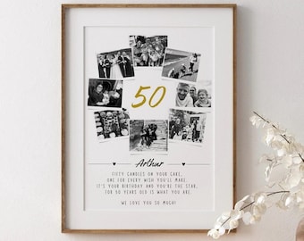 Gepersonaliseerde 50e verjaardag fotocollagecadeau, aangepaste print van vijftig quotes, mijlpaalfoto