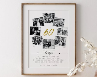 May include: A framed photo collage print featuring eight black and white photographs arranged in a circle around the gold text 60. Below the photos, the name Evelyn is printed, followed by a poem about a 60th birthday celebration.