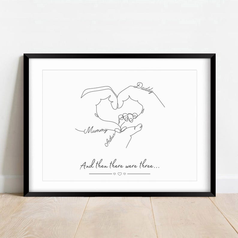 Minimalist line art of family hands holding each other, personalized with names and birth date.