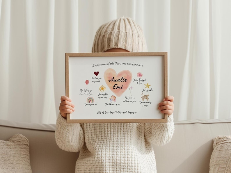 Framed personalised auntie appreciation print featuring a soft pink watercolour heart, elegant handwritten text and charming illustrations of love and family.