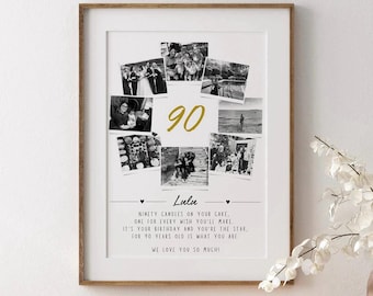 Personalised 90th Birthday Photo Collage Print: Ninety Milestone Gift
