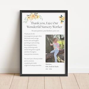 May include: A framed print with the text "Thank you, Faye Our Wonderful Nursery Worker." The print includes a photo of a young girl and floral accents. The text expresses gratitude for patience, kindness, and care.