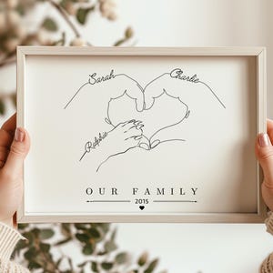 May include: A framed print featuring a line drawing of two hands forming a heart shape, with a paw print in the center. The names "Sarah" and "Charlie" are written above the hands, and "Ralphie" above the paw. The text "OUR FAMILY 2015" is below.