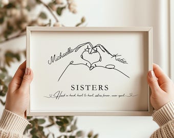 Personalised Sisters Print: Heart Hands Line Art Keepsake Gift for Sister’s Birthday