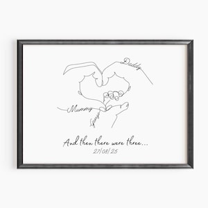 Personalised New Baby Print, New Parents Family Hands Line Art Gift, Newborn Keepsake image 3