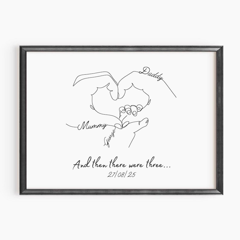 Personalised New Baby Print, New Parents Family Hands Line Art Gift, Newborn Keepsake image 3