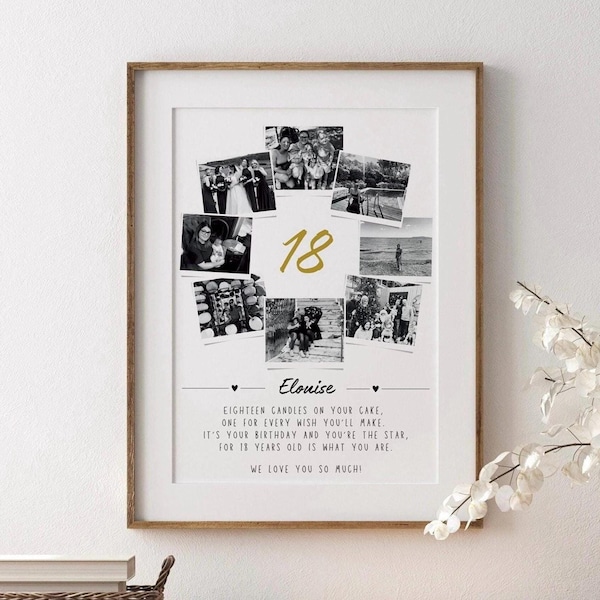 Impression cadeau personnalisée collage photo 18e anniversaire, poster encadré souvenir d'une étape importante